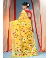 Bengal Handloom Pure Cotton Saree Flower Floral HandPrint Design With Blouse Piece (Yellow)