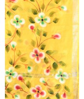 Bengal Handloom Pure Cotton Saree Flower Floral HandPrint Design With Blouse Piece (Yellow)