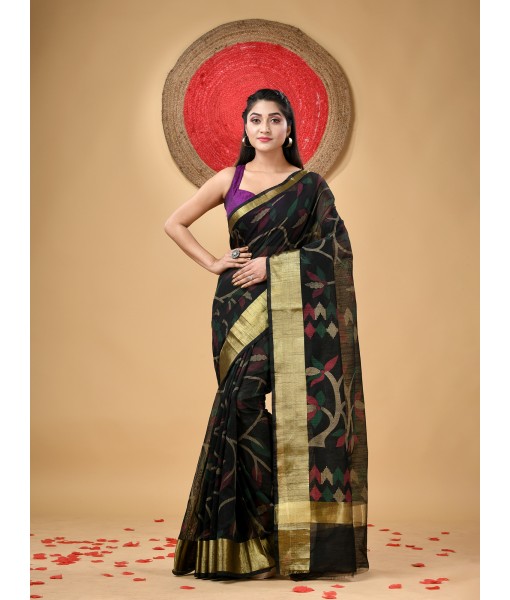 Handloom Cotton Blend Saree Floral Leaf Design With Blouse Piece (Black)