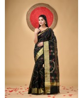 Handloom Cotton Blend Saree Floral Leaf Design With Blouse Piece (Black)