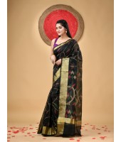 Handloom Cotton Blend Saree Floral Leaf Design With Blouse Piece (Black)