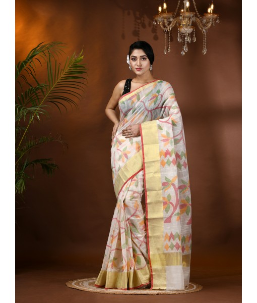 Handloom Cotton Blend Saree Floral Leaf Design With Blouse Piece (White)