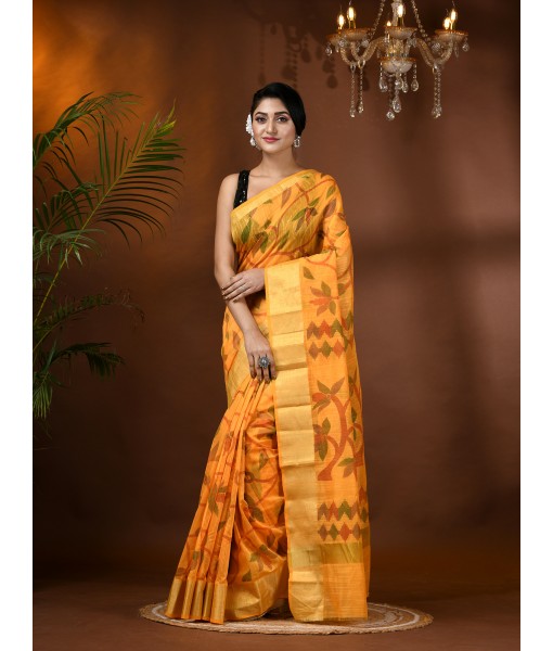 Handloom Cotton Blend Saree Floral Leaf Design With Blouse Piece (Yellow)