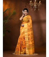 Handloom Cotton Blend Saree Floral Leaf Design With Blouse Piece (Yellow)