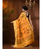 Handloom Cotton Blend Saree Floral Leaf Design With Blouse Piece (Yellow)