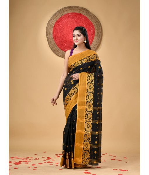  Handloom Cotton Saree Chakra Phool Woven Designer Without Blouse Piece Black)