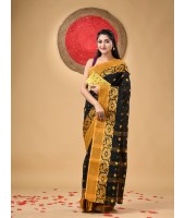  Handloom Cotton Saree Chakra Phool Woven Designer Without Blouse Piece Black)