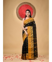  Handloom Cotton Saree Chakra Phool Woven Designer Without Blouse Piece Black)