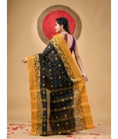  Handloom Cotton Saree Chakra Phool Woven Designer Without Blouse Piece Black)