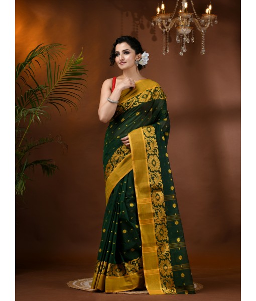  Handloom Cotton Saree Chakra Phool Woven Designer Without Blouse Piece (Green)