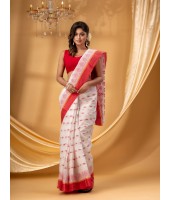 Traditional Tant Pure Cotton Handloom Saree LalKamal Design Without Blouse Piece (Red White)