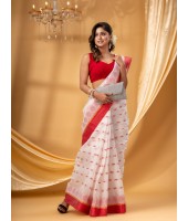 Traditional Tant Pure Cotton Handloom Saree LalKamal Design Without Blouse Piece (Red White)