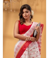 Traditional Tant Pure Cotton Handloom Saree LalKamal Design Without Blouse Piece (Red White)