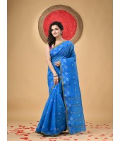 Traditional Pure Handloom Cotton Saree Leaf Woven Design Without Blouse Piece (Blue)