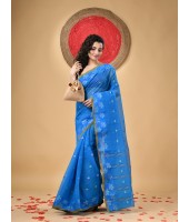 Traditional Pure Handloom Cotton Saree Leaf Woven Design Without Blouse Piece (Blue)