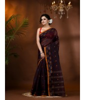 Traditional Pure Handloom Cotton Saree Leaf Woven Design Without Blouse Piece (Brown)