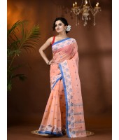 Traditional Pure Handloom Cotton Saree Leaf Woven Design Without Blouse Piece (Deep Peach)