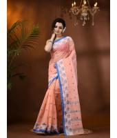 Traditional Pure Handloom Cotton Saree Leaf Woven Design Without Blouse Piece (Deep Peach)