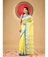 Traditional Pure Handloom Cotton Saree Leaf Woven Design Without Blouse Piece(Yellow)