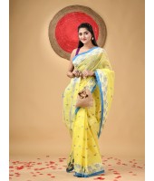 Traditional Pure Handloom Cotton Saree Leaf Woven Design Without Blouse Piece(Yellow)