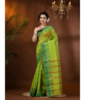 Traditional Bengal Tant Woven Minakari Kolka Design Pure Handloom Cotton Saree Without Blouse Piece(Green)