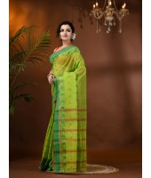 Traditional Bengal Tant Woven Minakari Kolka Design Pure Handloom Cotton Saree Without Blouse Piece(Green)