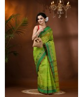 Traditional Bengal Tant Woven Minakari Kolka Design Pure Handloom Cotton Saree Without Blouse Piece(Green)