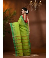 Traditional Bengal Tant Woven Minakari Kolka Design Pure Handloom Cotton Saree Without Blouse Piece(Green)