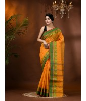 Traditional Bengal Tant Woven Minakari Kolka Design Pure Handloom Cotton Saree Without Blouse Piece(Light Orange)