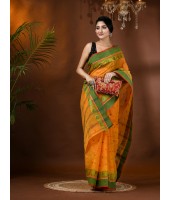 Traditional Bengal Tant Woven Minakari Kolka Design Pure Handloom Cotton Saree Without Blouse Piece(Light Orange)