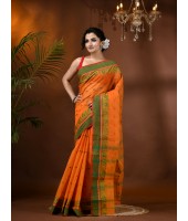 Traditional Bengal Tant Woven Minakari Kolka Design Pure Handloom Cotton Saree Without Blouse Piece(Deep Orange)