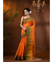 Traditional Bengal Tant Woven Minakari Kolka Design Pure Handloom Cotton Saree Without Blouse Piece(Deep Orange)