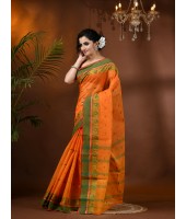 Traditional Bengal Tant Woven Minakari Kolka Design Pure Handloom Cotton Saree Without Blouse Piece(Deep Orange)