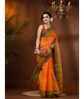 Traditional Bengal Tant Woven Minakari Kolka Design Pure Handloom Cotton Saree Without Blouse Piece(Deep Orange)