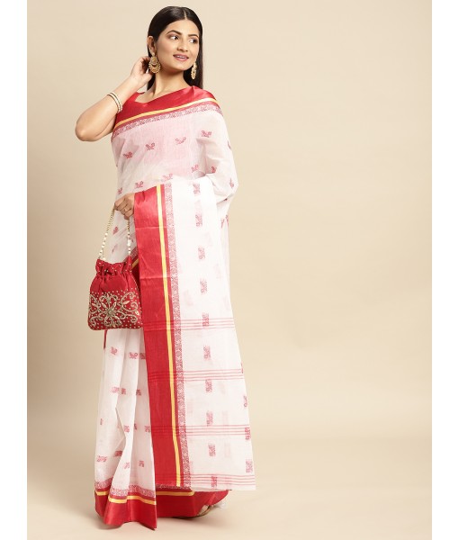 Navarupa Velvet Par Design Pure Handloom Cotton Saree (White-Red) - Durga Puja Collection