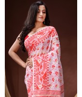  Phulkari Resham Dhakai jamdani Bengal Pure Cotton Handloom Saree Whole Body Design without Blouse Piece (Red White)