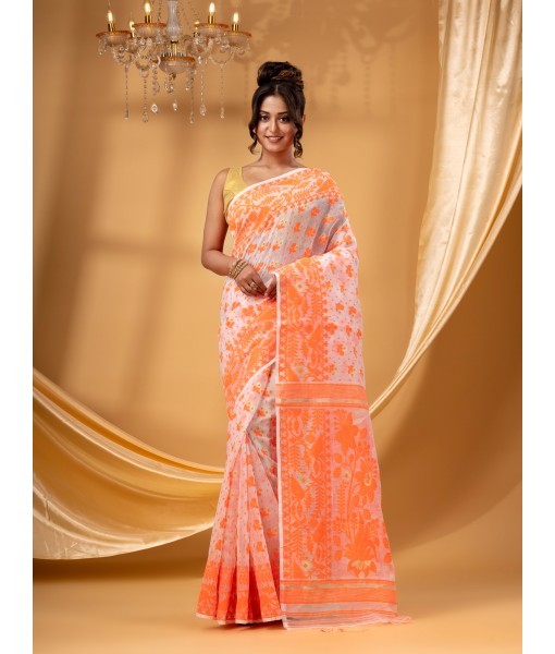  Phulkari Resham Dhakai jamdani Bengal Pure Cotton Handloom Saree Whole Body Design without Blouse Piece (Orange White)