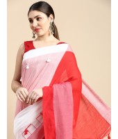  Handloom Tant Pure Cotton Saree Pompom Desigined With Blouse Piece (Red White)