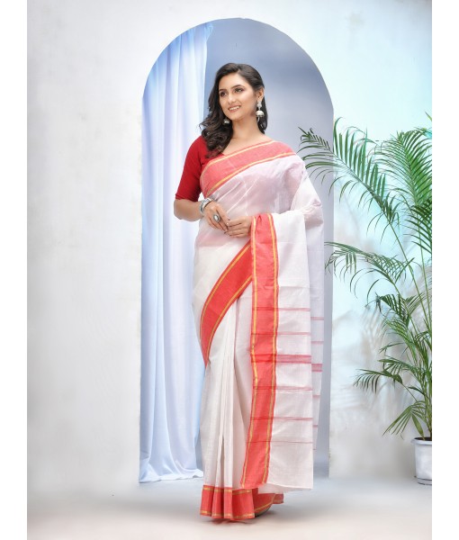  Bengal Tant Aradhana Pure Handloom Cotton Saree Without Blouse Piece (White Red)