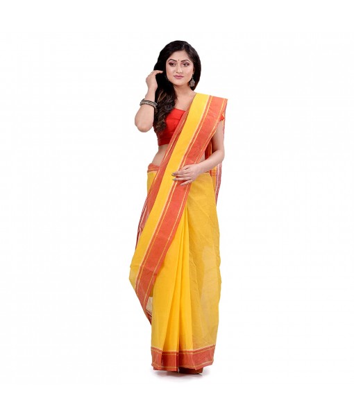 dB DESH BIDESH Women`s Bengal Tant Aradhana Pure Handloom Cotton Saree Without Blouse Piece Yellow Red