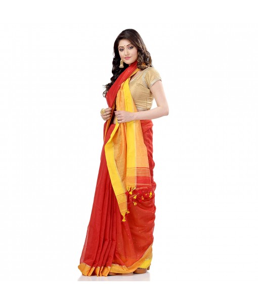 dB DESH BIDESH Women`s Tant Silk Handloom Cotton Saree Sequence Work With Blouse Piece (Red Yellow)