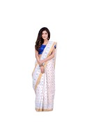 dB DESH BIDESH Women`s Bengal Tant Kerala Print Design Pure Handloom Cotton Saree Without Blouse Piece White Blue