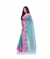 DESH BIDESH Women`s Traditional Tant Pure Handloom Cotton Saree Woven Tri Flower Designer Without Blouse Piece (Firoza)