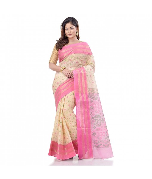 dB DESH BIDESH Women`s Bengal Tant Jamdani Printed Handloom Cotton Saree Without Blouse Piece (Pink)