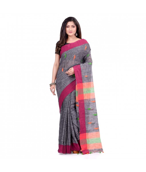 dB DESH BIDESH Women`s Traditional Bengali Tant Handloom Cotton Saree Prism Desigined With Blouse Piece (Grey)