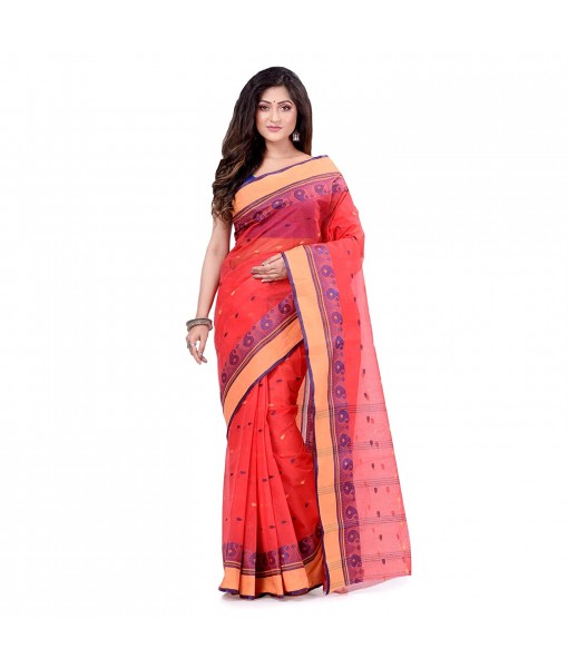 dB DESH BIDESH Women`s Traditional Bengal Tant Woven Minakari Kolka Design Pure Handloom Cotton Saree Without Blouse Piece Red