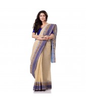 dB DESH BIDESH Women`s Traditional Bengal Tant Pure Handloom Cotton Saree Jol Torongo Woven Design Without Blouse Piece Offwhite Blue