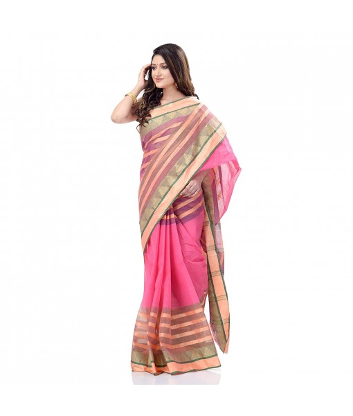 dB DESH BIDESH Women`s Traditional Bengal Tant 3D Temple Design Handloom Pure Cotton Saree Without Blouse Piece Yellow Pink