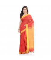 dB DESH BIDESH Women`s Tant Silk Handloom Cotton Saree Sequence Work With Blouse Piece (Red Yellow)