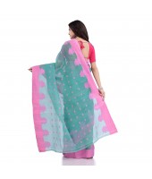 DESH BIDESH Women`s Traditional Tant Pure Handloom Cotton Saree Woven Tri Flower Designer Without Blouse Piece (Firoza)